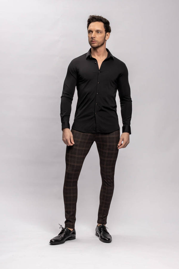 BlackArt Slim Fit Stretchy Black Shirt with Black Buttons