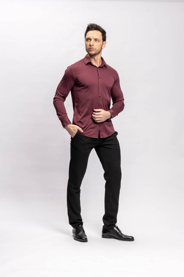 BlackArt Slim Fit Stretchy Maroon Shirt with Black Buttons