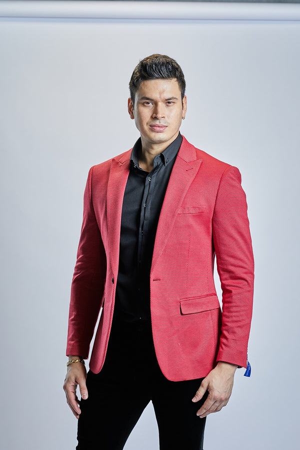 Mens Red Textured Stretch Fabric Slim Fit Jacket
