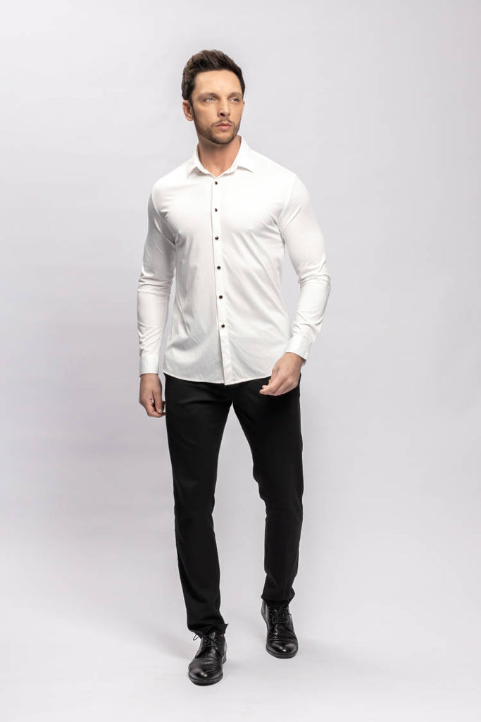 Slim Fit Stretchy White Shirt with Black Buttons