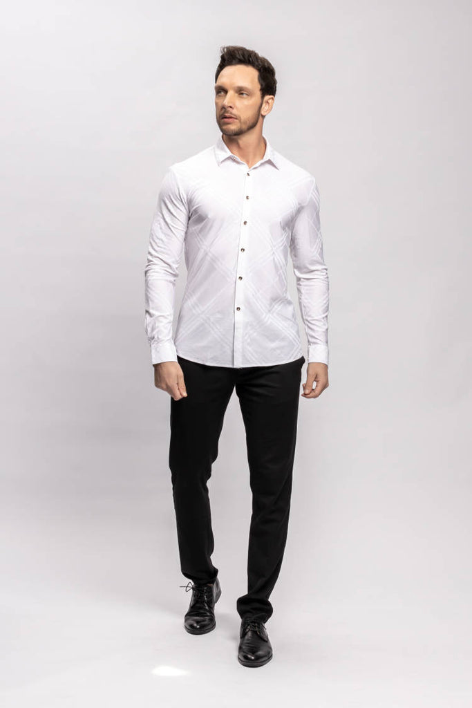 BlackArt Men's Geometric Diamond Print Slim Fit Shirt - White
