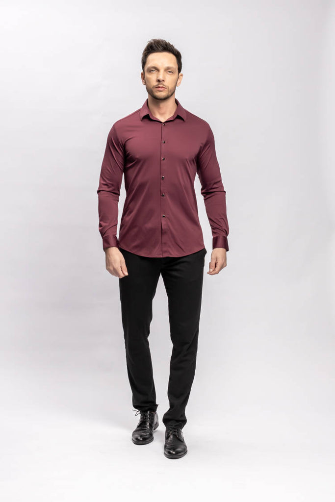 BlackArt Slim Fit Stretchy Maroon Shirt with Black Buttons