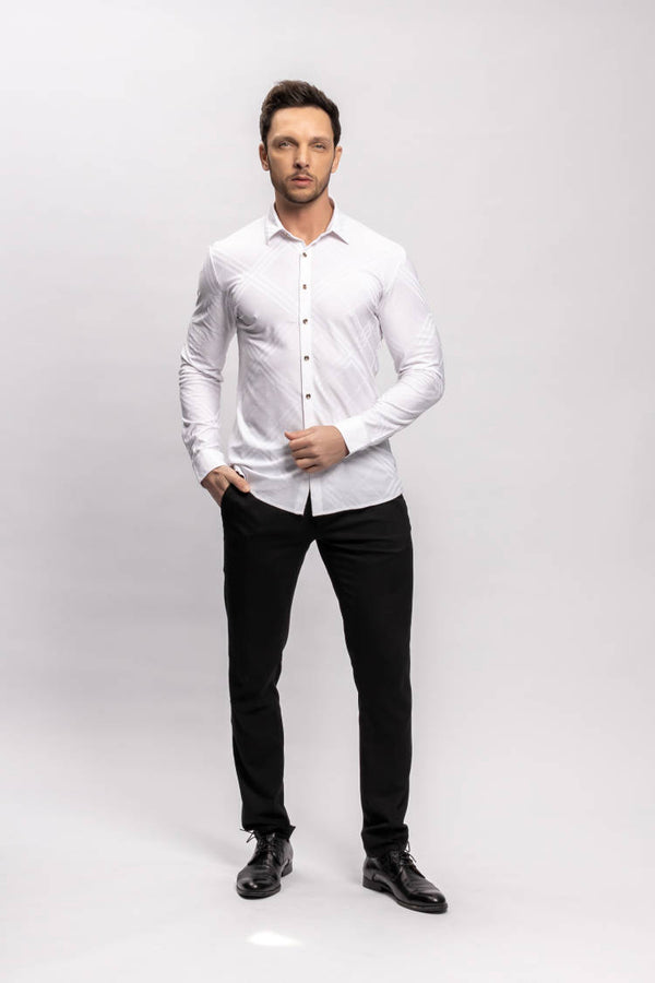 BlackArt Men's Geometric Diamond Print Slim Fit Shirt - White